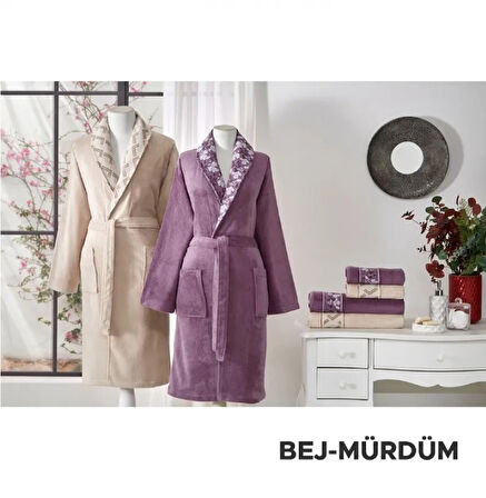 Özdilek %60 Bambu %40 Pamuk Aile Bornoz Seti-Fiore Line Bej Mürdüm