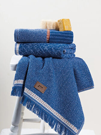 Cotton Box 3'lü Jakarlı Havlu Seti Çantalı (50x90)-Denim Mavi