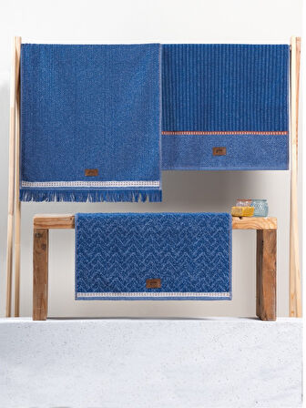 Cotton Box 3'lü Jakarlı Havlu Seti Çantalı (50x90)-Denim Mavi