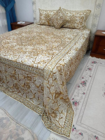 Pullu Boncuklu Ağır İşlemeli Otantik Çift Kişilik Yatak Örtüsü (240x270)-Gold