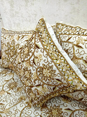 Pullu Boncuklu Ağır İşlemeli Otantik Çift Kişilik Yatak Örtüsü (240x270)-Gold