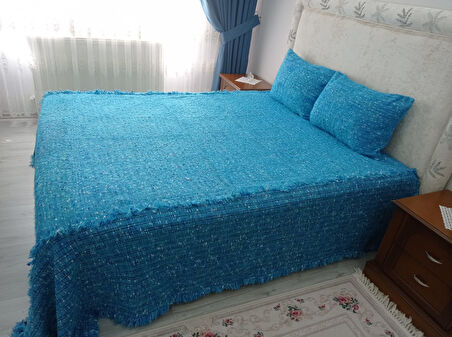 Tavşan Tüyü Peluş El Dokuma Yumuşak Dokulu Çift Kişilik Yatak Örtüsü (280x260)-mavi