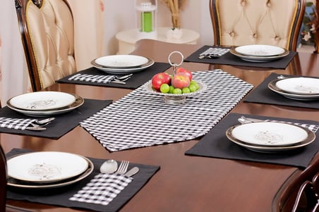 Tropik home Amerikan Servis  Moena Dinner  Runner Seti 6 Kişilik Set Siyah Ekose Desen Salon ve Masa Sunum Takımı