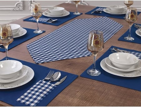 Tropik home Amerikan Servis  Moena Dinner  Runner Seti 6 Kişilik Set Mavi Ekose Desen Salon ve Masa Sunum Takımı