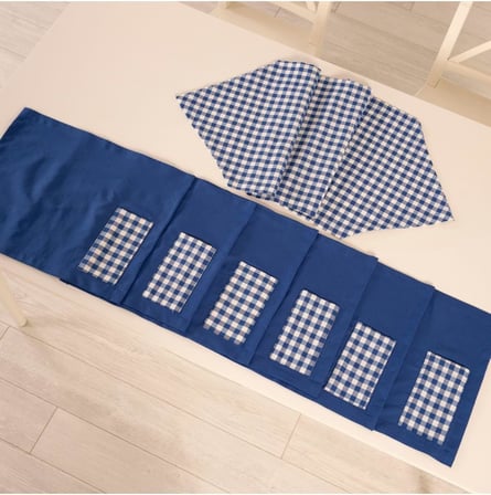 Tropik home Amerikan Servis  Moena Dinner  Runner Seti 6 Kişilik Set Mavi Ekose Desen Salon ve Masa Sunum Takımı