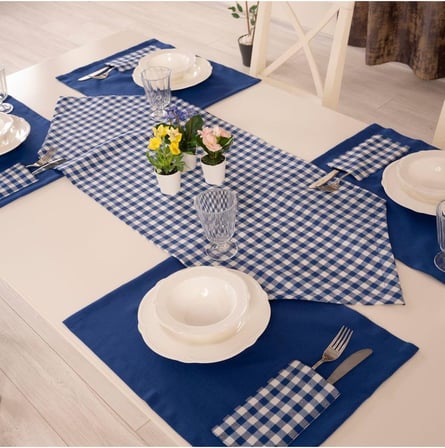 Tropik home Amerikan Servis  Moena Dinner  Runner Seti 6 Kişilik Set Mavi Ekose Desen Salon ve Masa Sunum Takımı