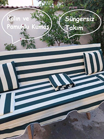 Mandaş Süngersiz 3 Kişilik Salıncak Minder Seti (Pamuklu Kumaş)-Yeşil Krem