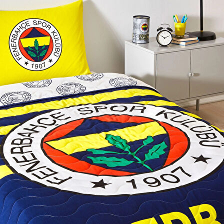 Taç Taraftar Lisanslı Pamuklu Tek Kişilik Yatak Örtüsü Seti (160x230)-Fenerbahçe Stripe