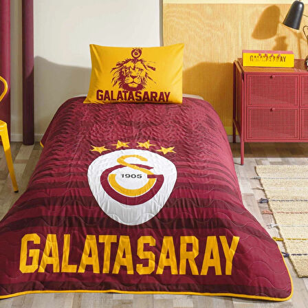 Taç Taraftar Lisanslı Pamuklu Tek Kişilik Yatak Örtüsü Seti (160x230)-Galatasaray Stripe