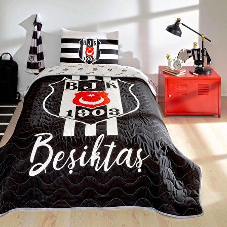 Taç Taraftar Lisanslı Pamuklu Tek Kişilik Yatak Örtüsü Seti (160x230)-Beşiktaş Stripe