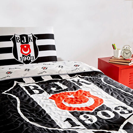 Taç Taraftar Lisanslı Pamuklu Tek Kişilik Yatak Örtüsü Seti (160x230)-Beşiktaş Stripe