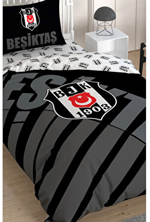 Taç Taraftar Lisanslı Ranforce Çarşafı Lastikli Tek Kişilik Nevresim Takımı-Beşiktaş Siyah Logo