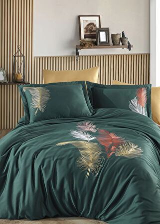 Dantela İz Nakışlı Pamuk Saten Nevresim Takımı - yeşil Beyaz