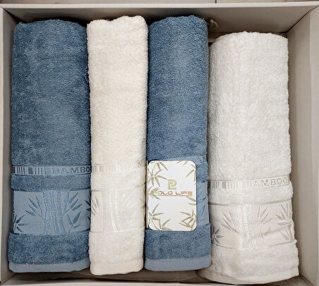 Polo Life 4 Parça Bamboo Hamam Seti (Büyük Boy), Banyo Havlu Takımı-İndigo Krem