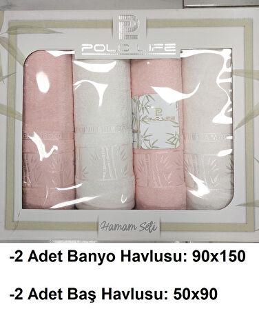 Polo Life 4 Parça Bamboo Hamam Seti (Büyük Boy), Banyo Havlu Takımı-Pembe Krem