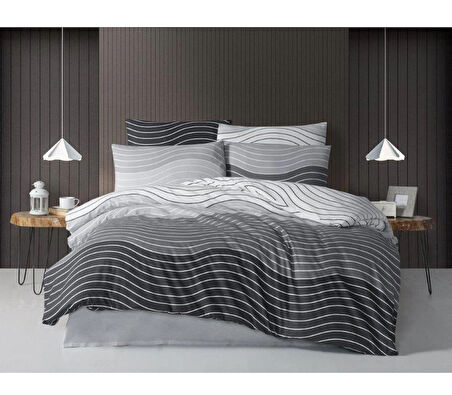 The Ecosse Çarşafı Lastikli Çift Kişilik Nevresim Takımı-Wave Gri