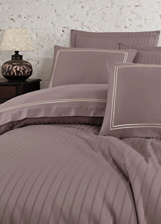 Dantela İmge Nakışlı Pamuk Saten Yollu Çift Kişilik Nevresim Takımı-A.Kahve