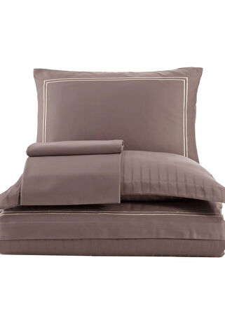 Dantela İmge Nakışlı Pamuk Saten Yollu Çift Kişilik Nevresim Takımı-A.Kahve