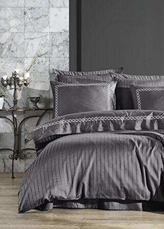 Dantela Nüans Nakışlı Pamuk Saten Yollu Çift Kişilik Nevresim Takımı-Gri