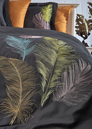 Dantela İz Nakışlı Pamuk Saten Çift Kişilik Nevresim Takımı-Antrasit Oranj