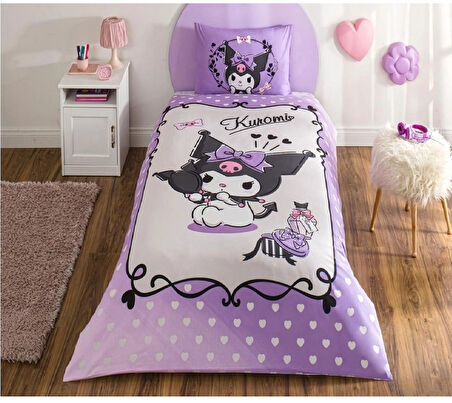 Taç Kuromi Lisanslı Ranforce Çarşafı Lastikli Tek Kişilik Nevresim Takımı-Lila Beyaz