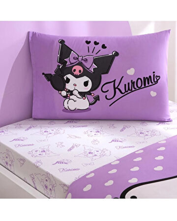 Taç Kuromi Lisanslı Ranforce Çarşafı Lastikli Tek Kişilik Nevresim Takımı-Lila Beyaz