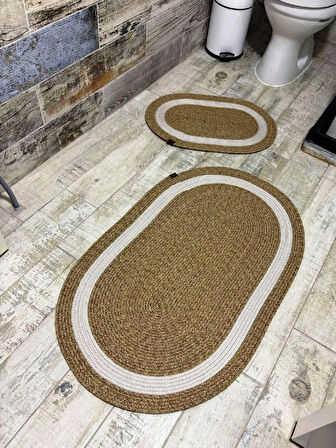 Jüt Hasır 2li Banyo Paspas Takımı-Bej Ortası Beyaz