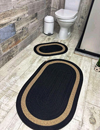 Jüt Hasır 2li Banyo Paspas Takımı-Siyah Ortası Bej