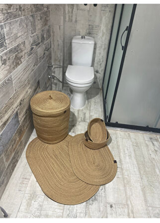 Jüt Hasır 5li Banyo Seti, Çamaşır Sepeti, Paspas Takımı, Oval Sepet-Düz Kırçıllı