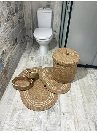 Jüt Hasır 5li Banyo Seti, Çamaşır Sepeti, Paspas Takımı, Oval Sepet-Krem Çizgili v1