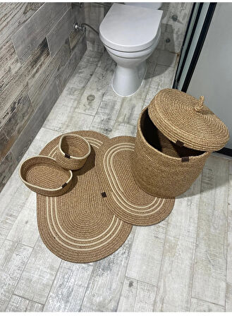 Jüt Hasır 5li Banyo Seti, Çamaşır Sepeti, Paspas Takımı, Oval Sepet-Krem Çizgili v1