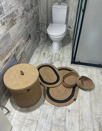 Jüt Hasır 5li Banyo Seti, Çamaşır Sepeti, Paspas Takımı, Oval Sepet-Siyah Çizgili