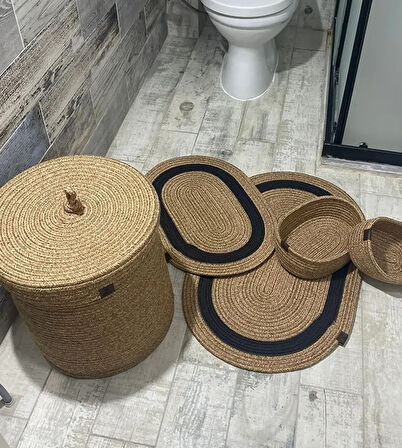 Jüt Hasır 5li Banyo Seti, Çamaşır Sepeti, Paspas Takımı, Oval Sepet-Siyah Çizgili