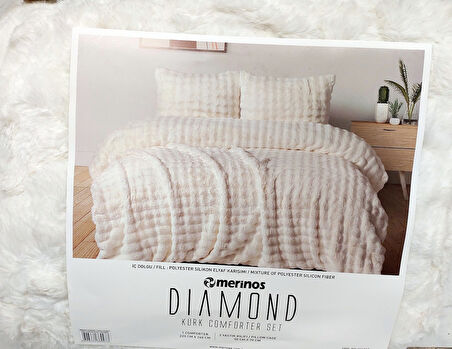 Merinos Diamond Kürk Comforter Set, Çift Kişilik Yorgan Seti (220x240)-Bubble Krem