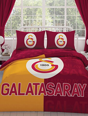 Taç Taraftar Lisanslı Ranforce Çarşafı Lastikli Çift Kişilik Nevresim Takımı-Galatasaray Parçalı Logo
