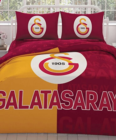 Taç Taraftar Lisanslı Ranforce Çarşafı Lastikli Çift Kişilik Nevresim Takımı-Galatasaray Parçalı Logo