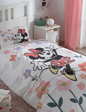 Özdilek Lisanslı Fitted Çarşaflı Tek Kişilik Çocuk Nevresim Takımı-Minnie Flowers Beyaz