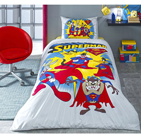 Özdilek Lisanslı Fitted Çarşaflı Tek Kişilik Çocuk Nevresim Takımı-Looney Tunes Superman Sarı