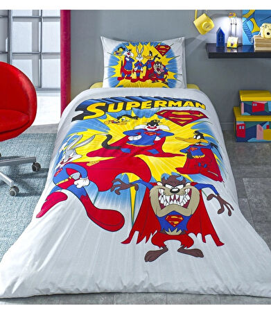 Özdilek Lisanslı Fitted Çarşaflı Tek Kişilik Çocuk Nevresim Takımı-Looney Tunes Superman Sarı