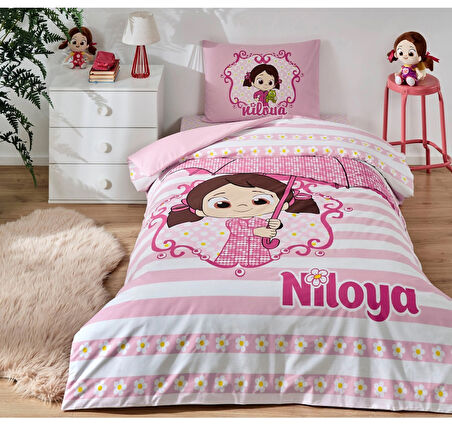 Özdilek Lisanslı Fitted Çarşaflı Tek Kişilik Çocuk Nevresim Takımı-Niloya Yağmur Pembe