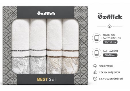 Özdilek 4 Parça Hamam Seti -Frond Gri Kahve- (Banyo Havlusu Büyük Boy), Havlu Seti