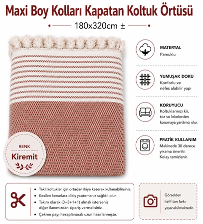 Pamuklu Kaymaz Hasır Dokuma Maxi Boy Kolları Örten Koltuk Örtüsü (180x310) - Kiremit