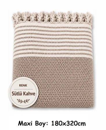 Pamuklu Kaymaz Hasır Dokuma Maxi Boy Kolları Örten Koltuk Örtüsü (180x310) - Sütlü Kahve