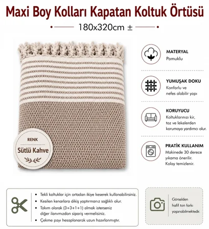 Pamuklu Kaymaz Hasır Dokuma Maxi Boy Kolları Örten Koltuk Örtüsü (180x310) - Sütlü Kahve