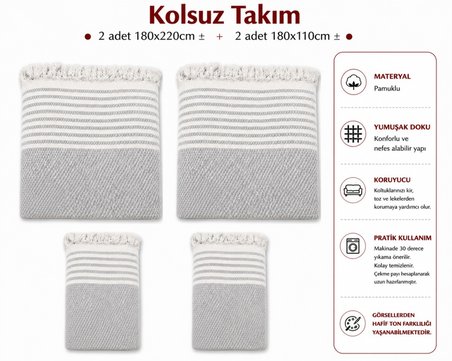 Pamuklu Kaymaz Hasır Dokuma Kolsuz Takım Koltuk Örtüsü (3+3+1+1) - Açık Gri