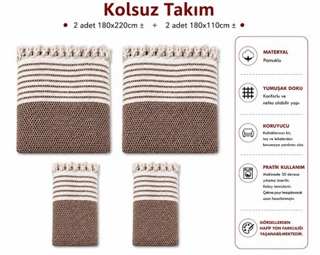 Pamuklu Kaymaz Hasır Dokuma Kolsuz Takım Koltuk Örtüsü (3+3+1+1) - Kahverengi