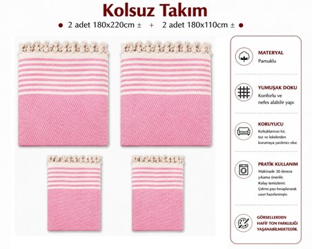 Pamuklu Kaymaz Hasır Dokuma Kolsuz Takım Koltuk Örtüsü (3+3+1+1) - Pembe