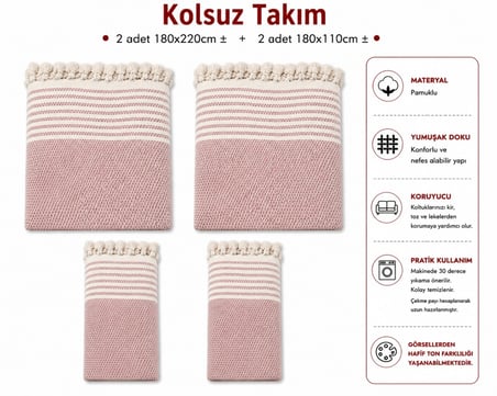 Pamuklu Kaymaz Hasır Dokuma Kolsuz Takım Koltuk Örtüsü (3+3+1+1) - Pudra
