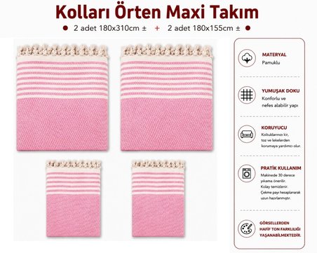 Pamuklu Kaymaz Hasır Dokuma Kolları Örten Maxi Takım Koltuk Örtüsü (3+3+1+1) - Pembe