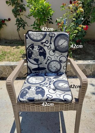 4 Adet Rattan Arkalıklı Sandalye Minderi (Kalınlık 4cm)-Saat Desen Lacivert